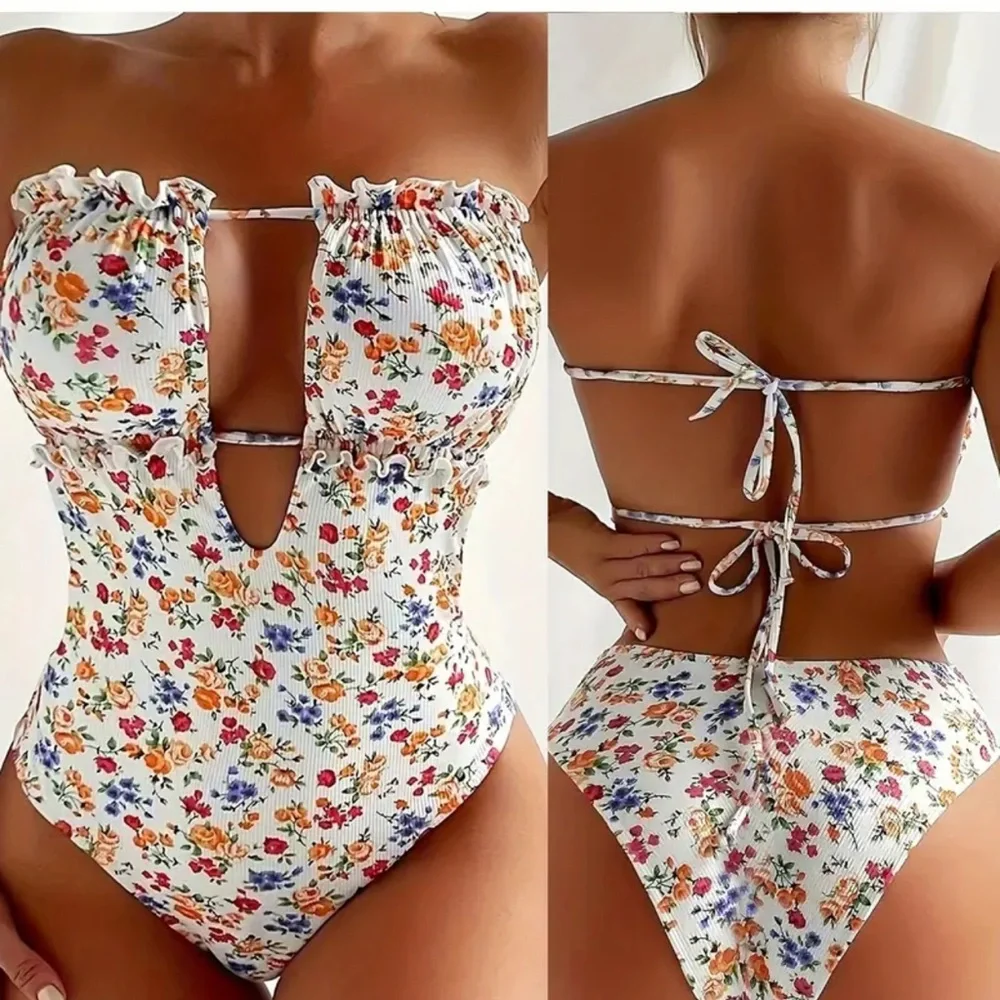 Women’s One Piece Cut-Out Floral Strapless Baithing Suit Size M - Picture 2 of 6